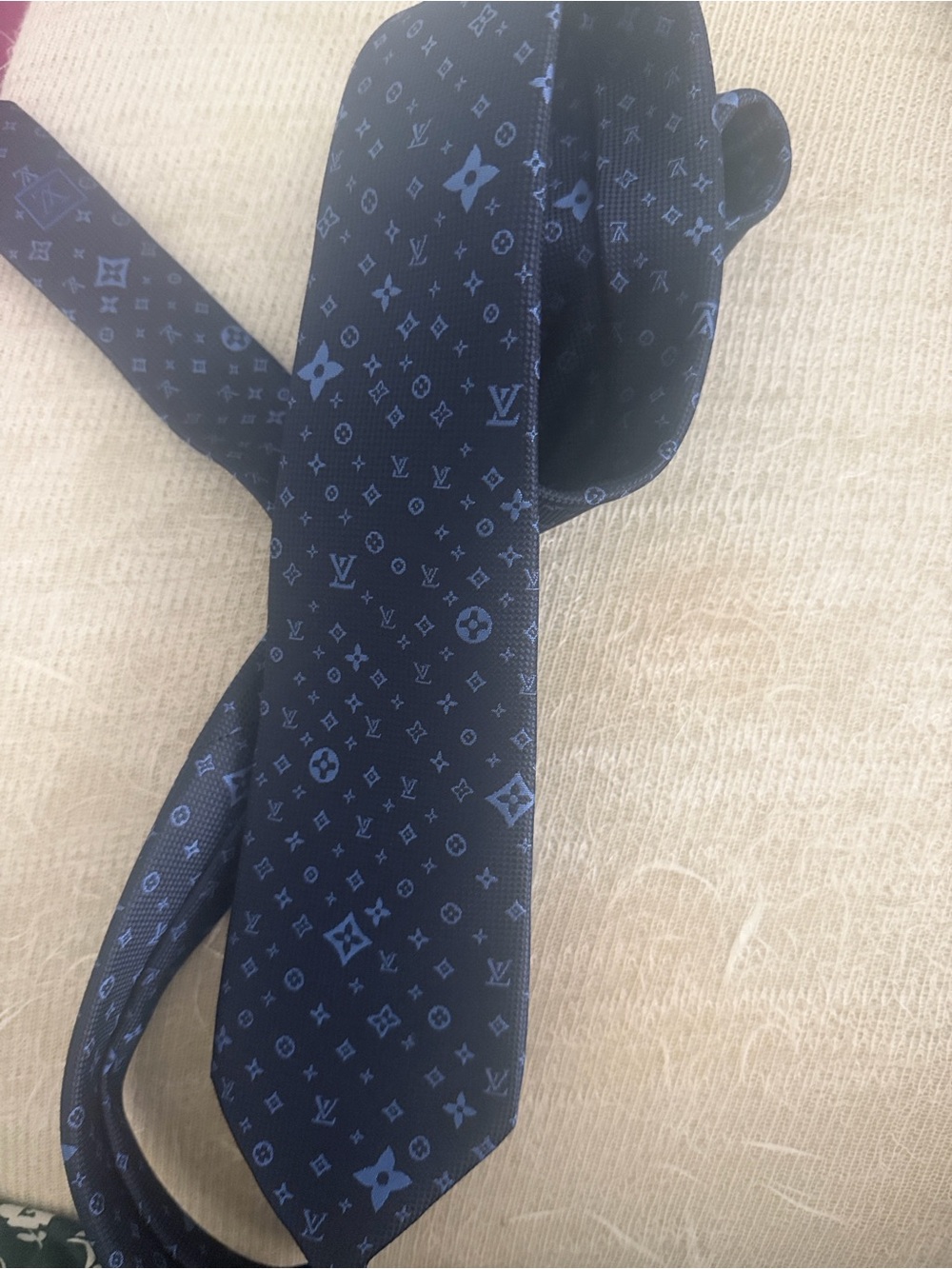 Source Unknown Navy Blue Monogram Silk Tie